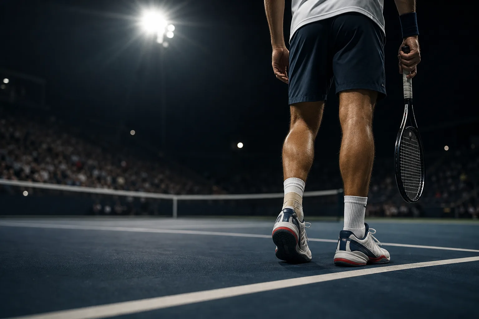 Symbolbild: Ein Tennisspieler auf einem Hartplatz unter Flutlicht, mit Fokus auf Belastung und Wettkampfatmosphäre.